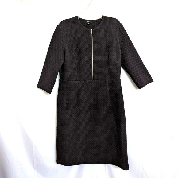 J. Peterman Women's Size 14 Black Sheath Dress 3/4 Sleeves Front Zip Textured - Picture 2 of 10